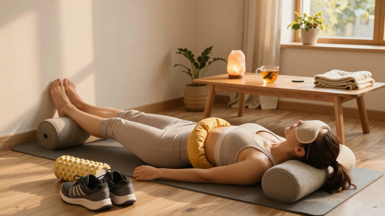 Mulher relaxa de olhos tapados numa sala com tapete de yoga e acessórios de bem-estar ao redor.