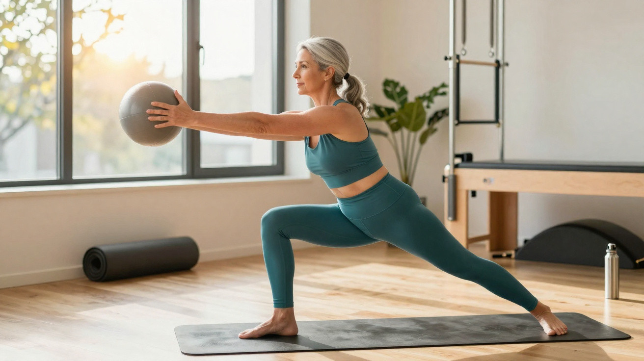 Mulher madura em roupa desportiva realiza exercício com bola medicinbal numa sala iluminada.