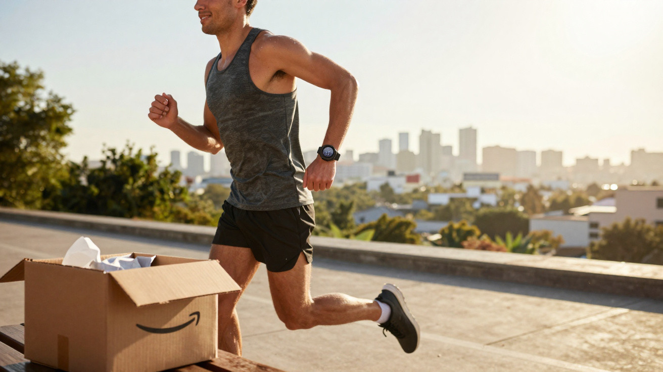 Homem a correr ao ar livre com roupa desportiva e caixa da Amazon ao lado durante amanhecer na cidade.