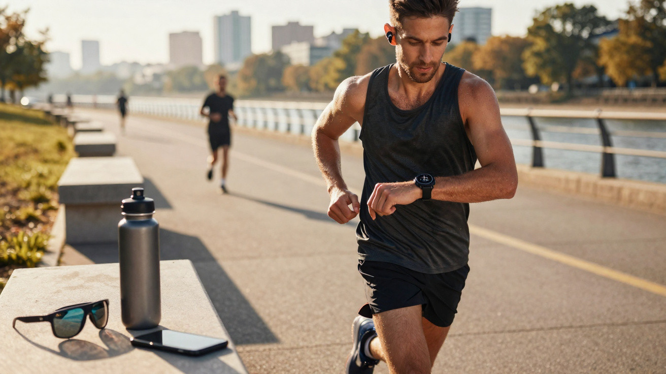 Homem a correr numa pista junto a um rio, a verificar relógio desportivo, com garrafa, telemóvel e óculos ao lado.