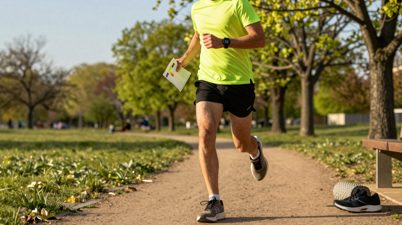 Homem a correr num parque com roupa desportiva e papel na mão, sapatos no chão ao lado de um banco.
