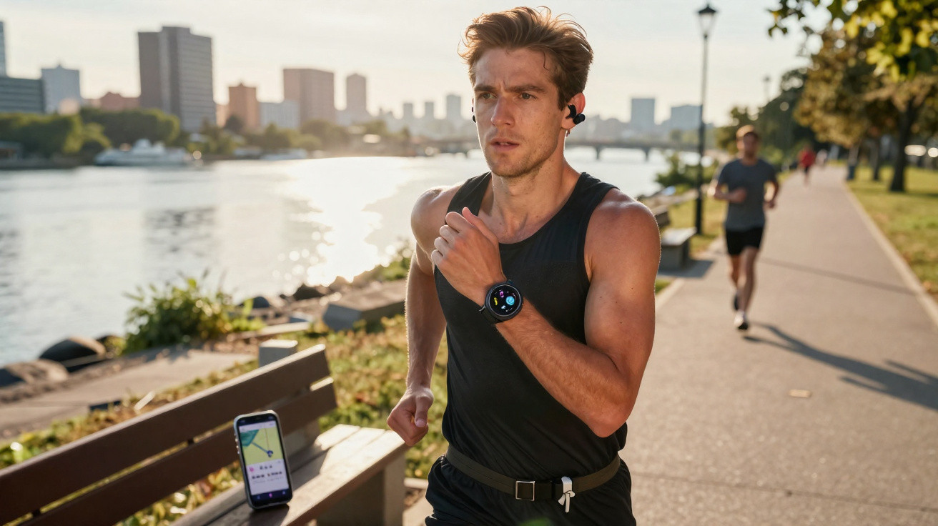 Homem a correr junto a um rio com smartwatch e auriculares num dia de sol na cidade.