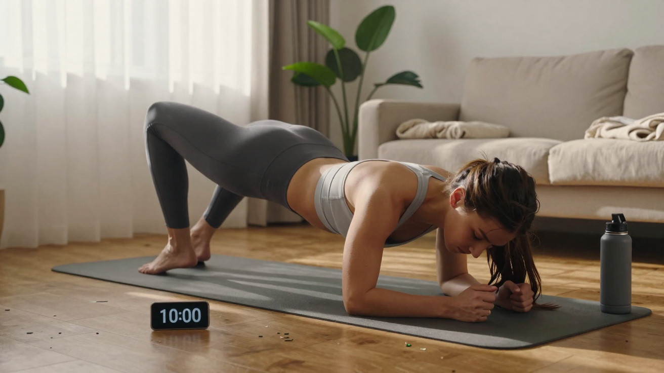 Mulher a fazer exercício de ponte numa esteira no chão da sala ao lado de um relógio digital.