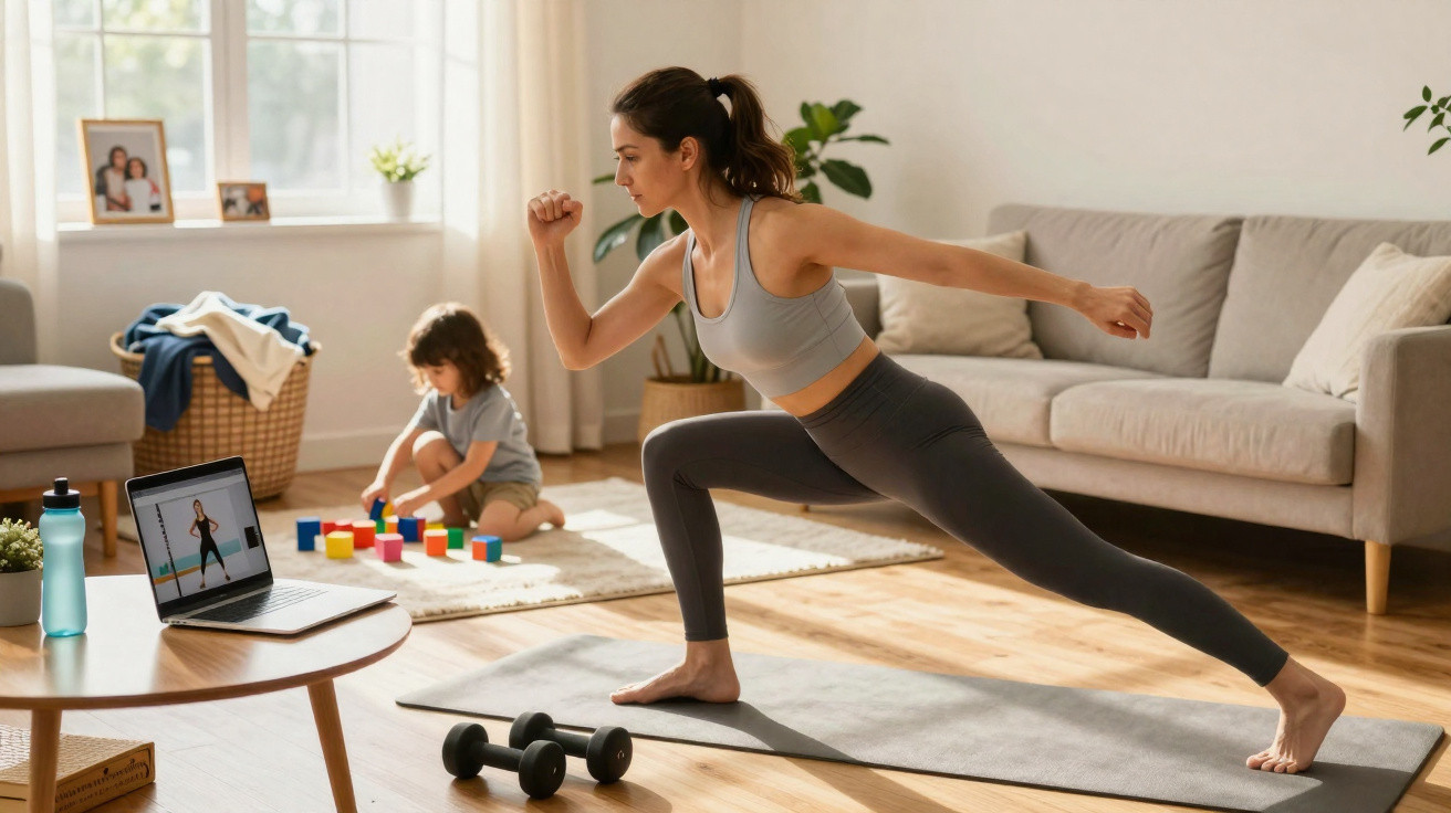 Mulher a fazer exercício em casa com treino online enquanto criança brinca no chão da sala iluminada.