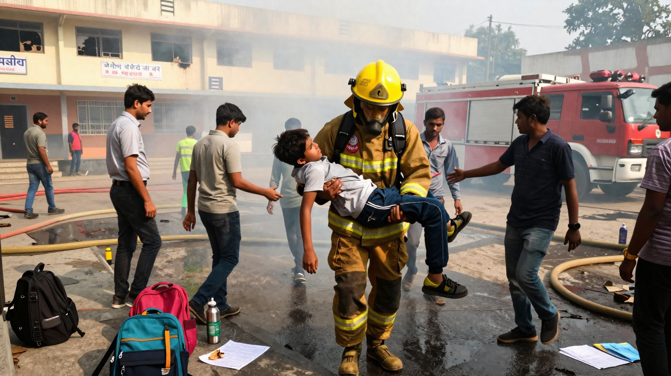 Bombeiro a resgatar uma criança durante incêndio numa escola, com várias pessoas ao redor e camião de bombeiros ao fundo.