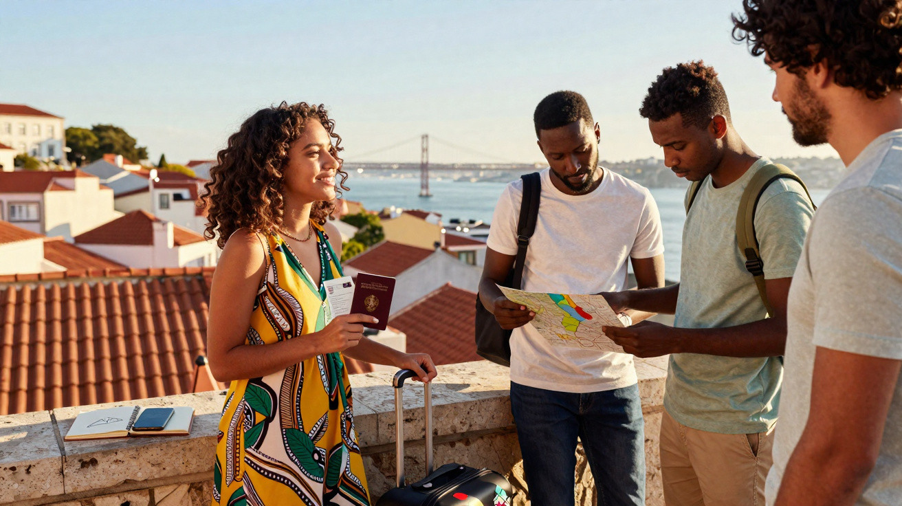 Grupo de quatro jovens turistas com malas e mapa, numa esplanada com vista para o rio e a ponte.