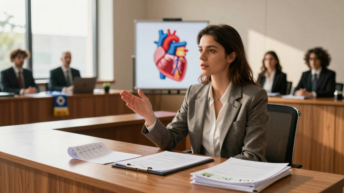 Mulher a apresentar causa médica num tribunal, com imagem de coração num ecrã ao fundo.