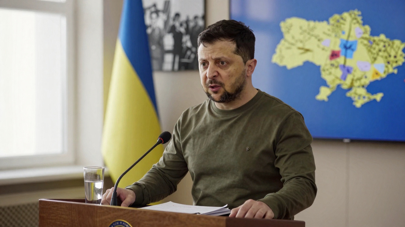 Presidente ucraniano Volodymyr Zelensky a discursar com bandeira da Ucrânia e mapa ao fundo.