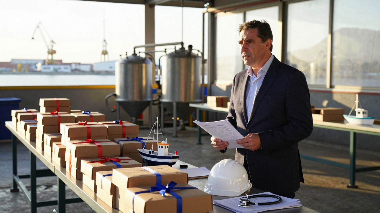 Homem de fato com papéis junto a mesas com caixas embrulhadas e duas miniaturas de barcos, em espaço industrial.