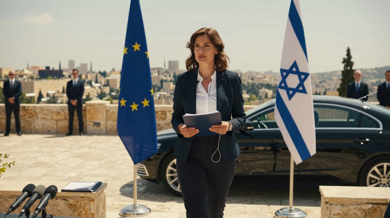 Mulher de terno a caminhar entre bandeiras da União Europeia e Israel, com seguranças e microfones ao fundo.