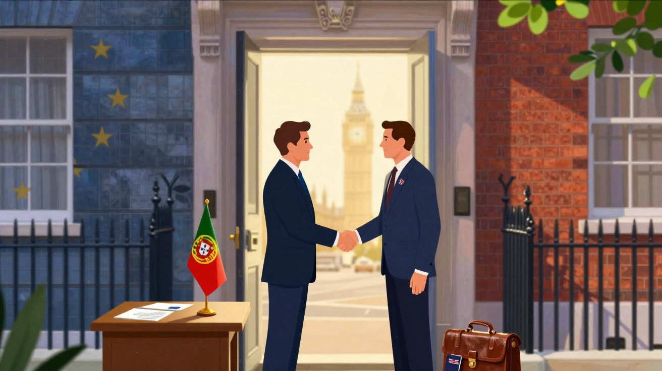 Dois homens de fato apertam as mãos em frente a um prédio no Reino Unido, com a bandeira de Portugal na mesa.