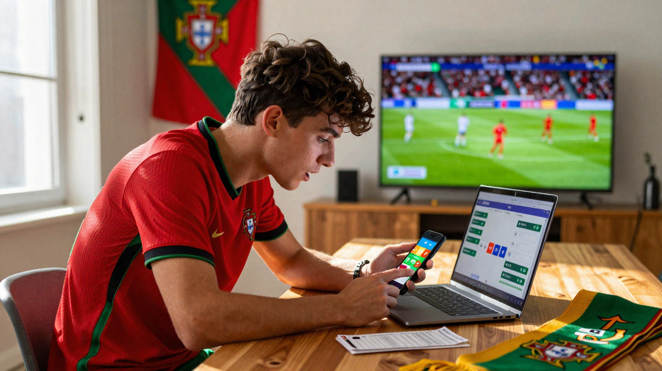 Jovem com camisola de Portugal aposta online em jogo de futebol, com jogo na televisão ao fundo.