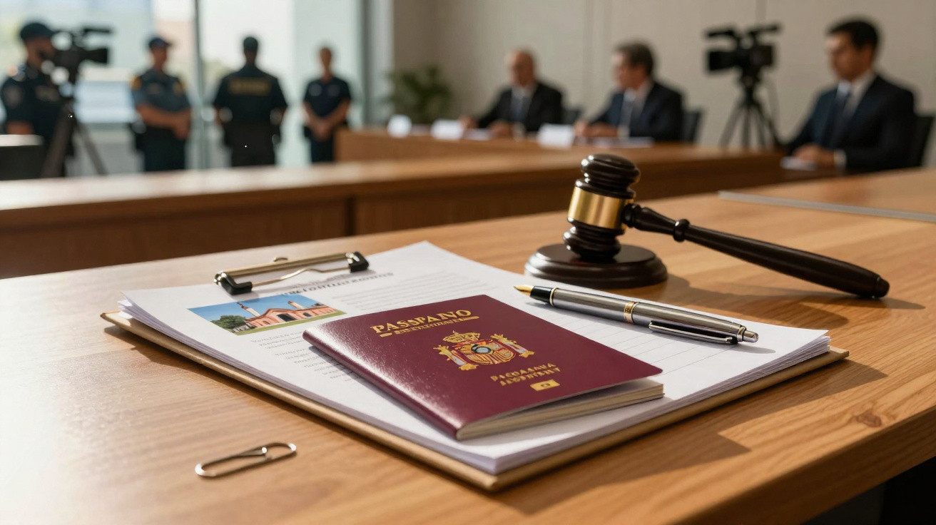 Passaporte, documentos, caneta e martelo judicial numa mesa com juízes e polícias ao fundo numa sala de tribunal.