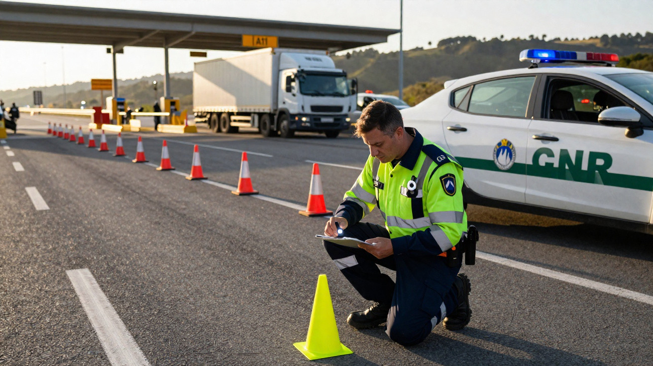 Agente da GNR faz registo junto a cones numa estrada com um camião e viatura policial ao fundo.