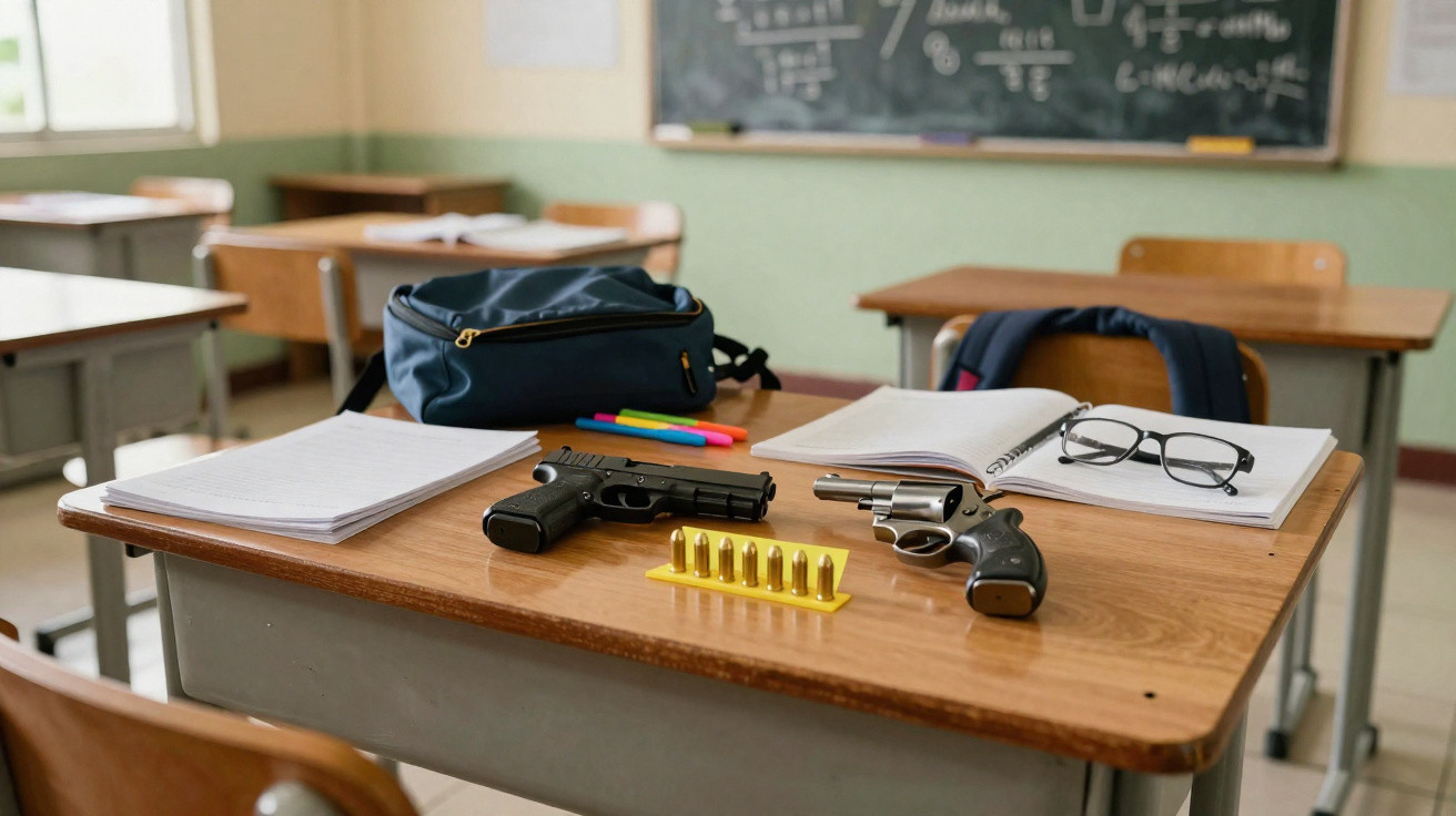 Armas de fogo, munições, cadernos e estojo sobre secretária numa sala de aula vazia.