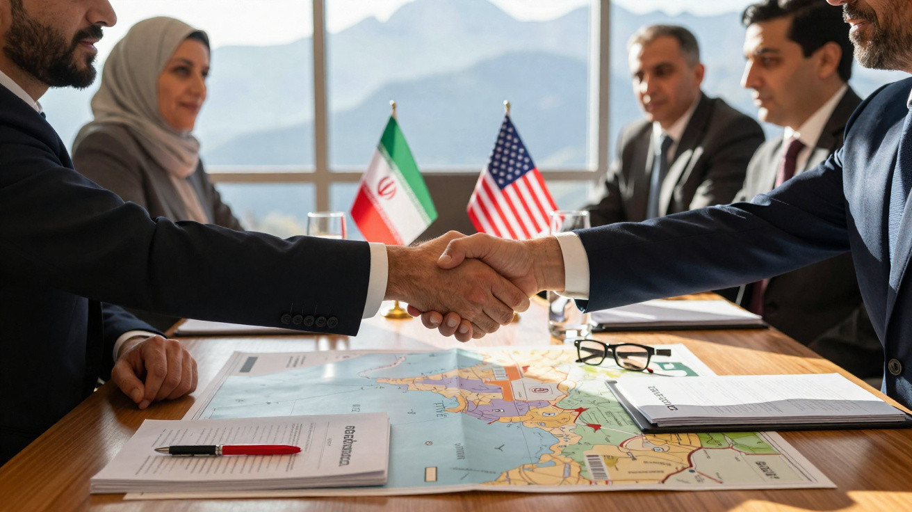 Duas pessoas apertam as mãos sobre uma mesa com mapa, à frente das bandeiras do Irão e dos Estados Unidos.