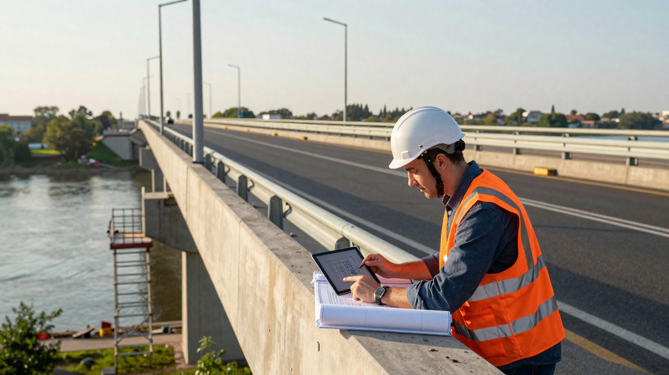 Engenheiro com colete refletor e capacete verifica projetos numa prancheta junto a ponte sobre rio.