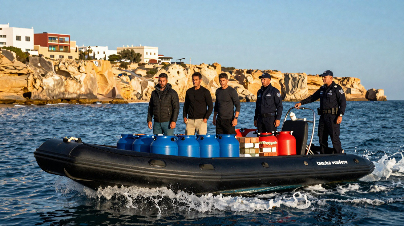 Homens em barco rápido com grandes bidões azuis e caixas, perto da costa rochosa com casas ao fundo.