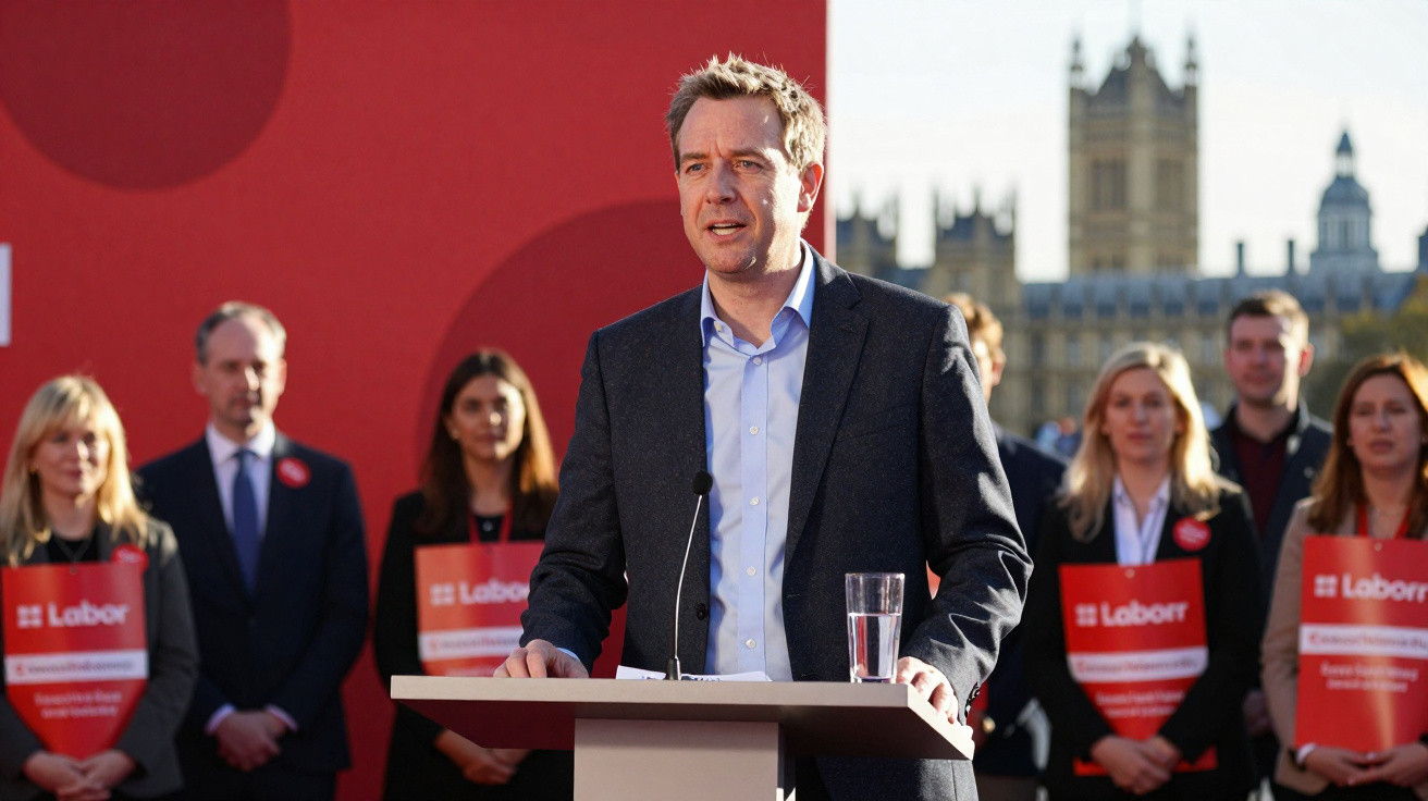 Homem a discursar num pódio com várias pessoas ao fundo e cartazes do Partido Trabalhista, com o Palácio de Westminster visív