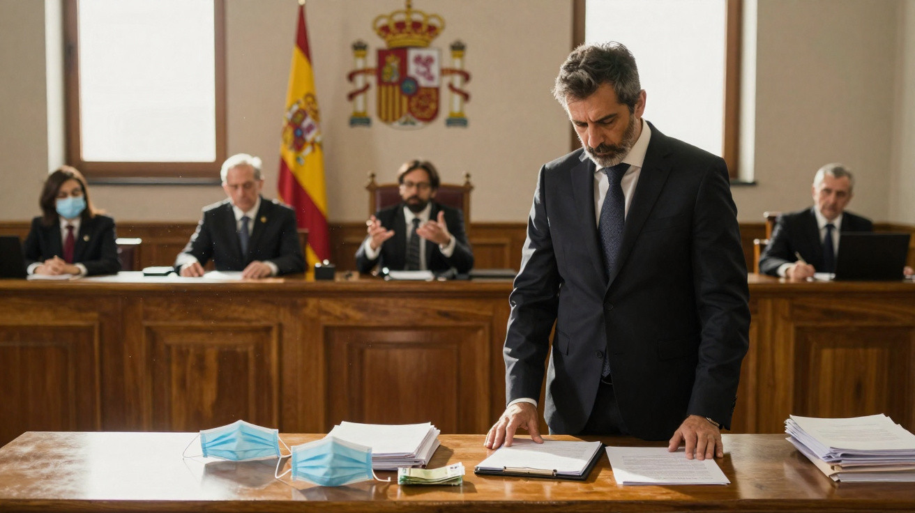 Homem em fato presta testemunho numa sala de tribunal com cinco pessoas sentadas ao fundo e bandeira espanhola.