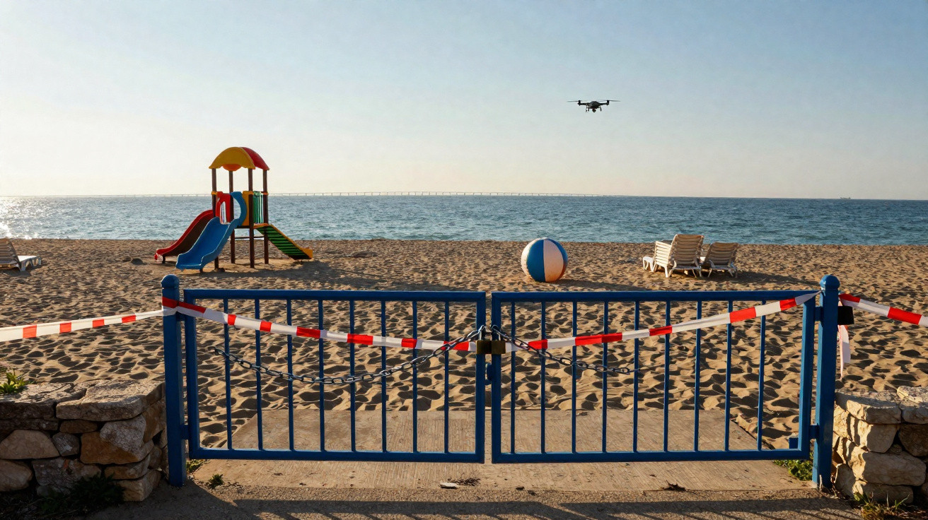 Portão azul fechado com fita de isolamento vermelho e branco numa praia com escorrega, bolas, espreguiçadeiras e drone no ar.