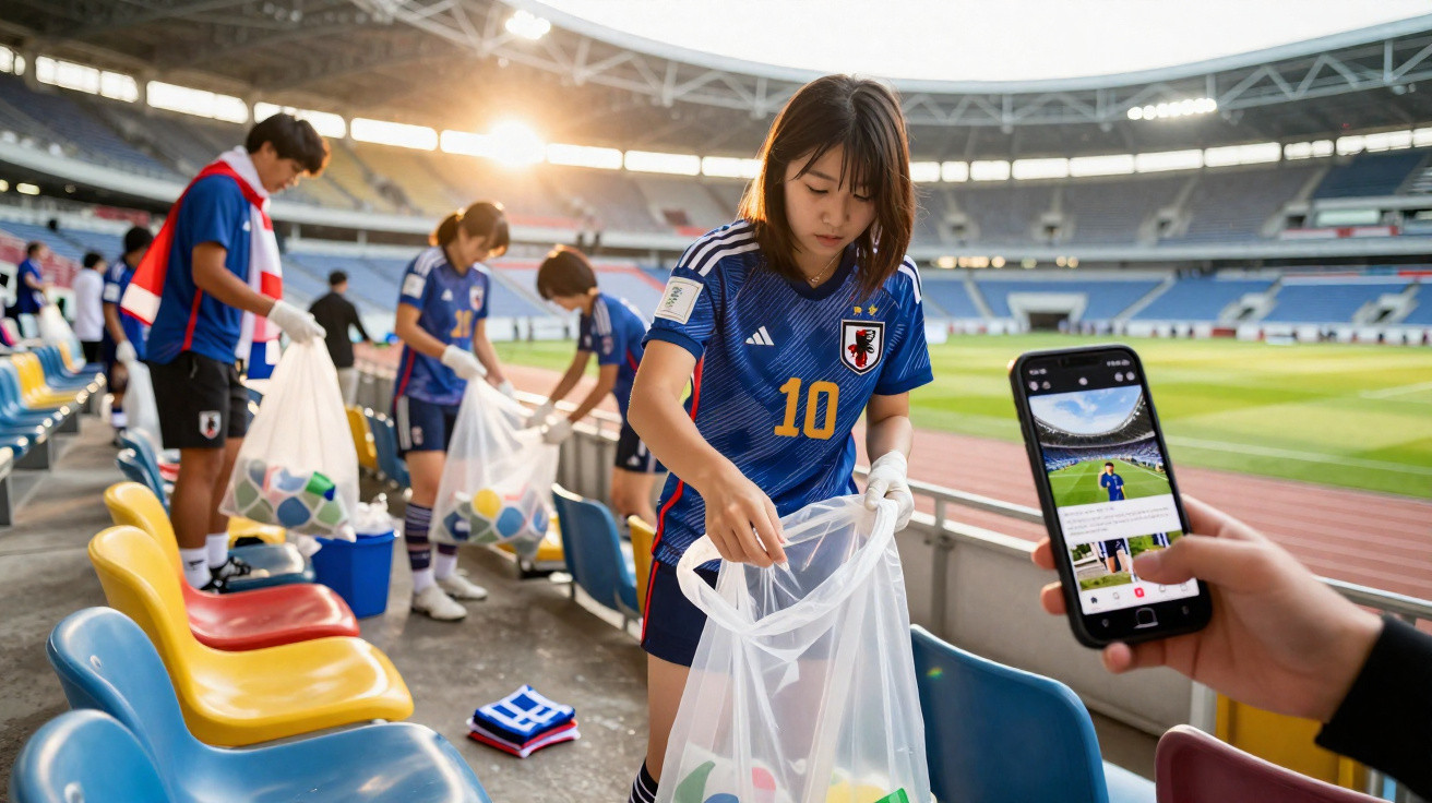Jovens com camisolas da seleção japonesa recolhem bolas num estádio de futebol durante o pôr do sol.