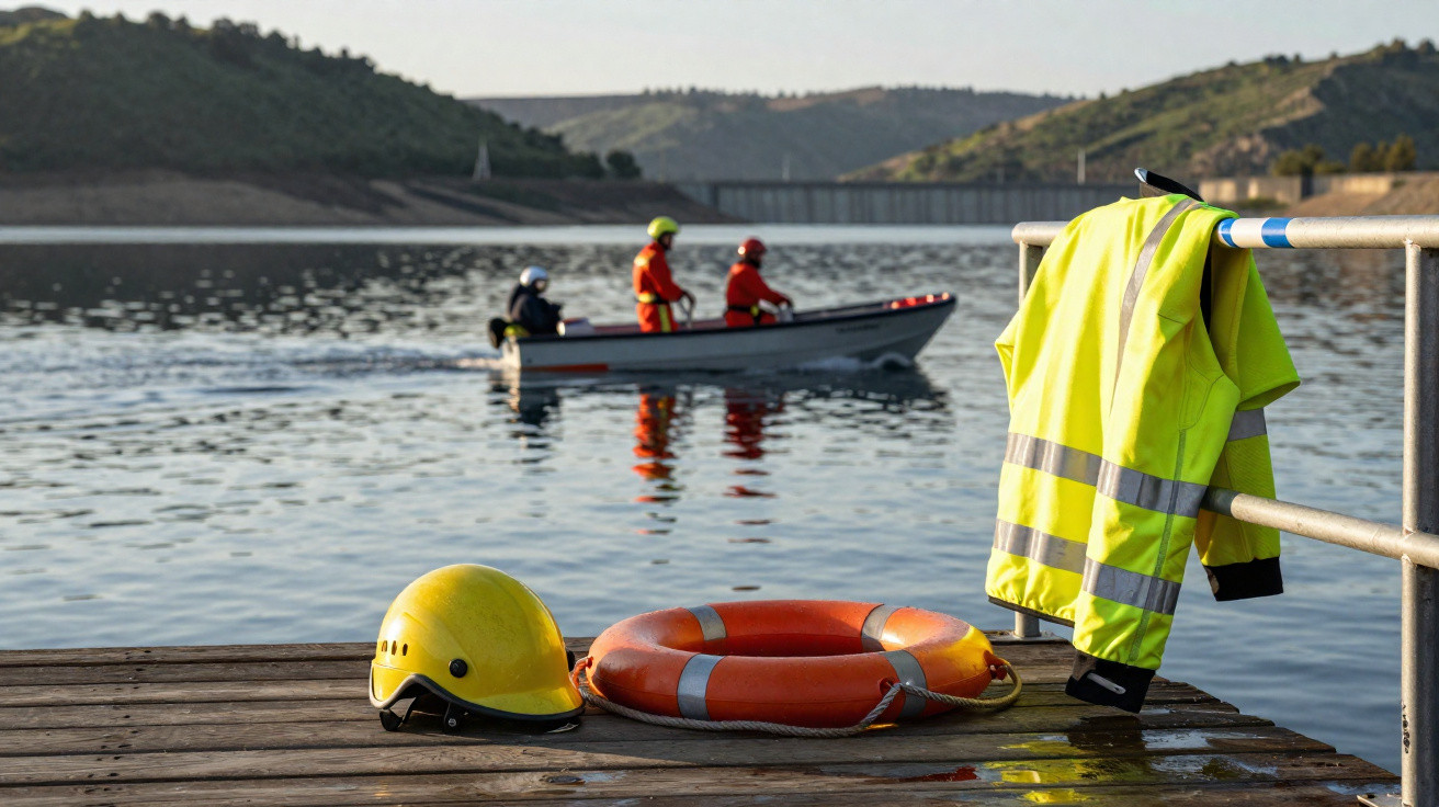 Colete refletor, capacete e salva-vidas num cais, com três pessoas numa embarcação a navegar num rio.