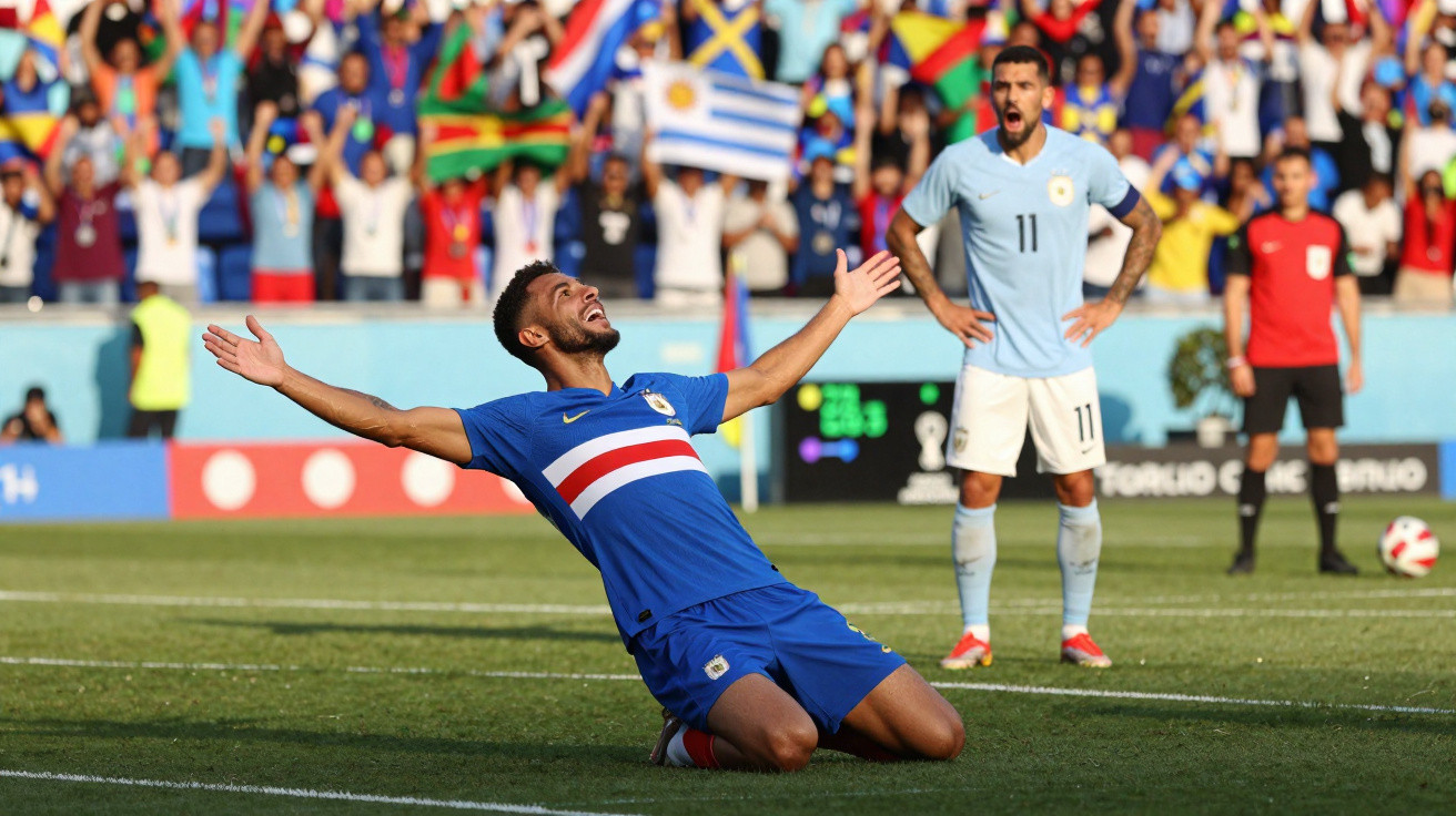 Jogador de futebol da equipa azul celebra golo com braços abertos, enquanto adversário observa no relvado.