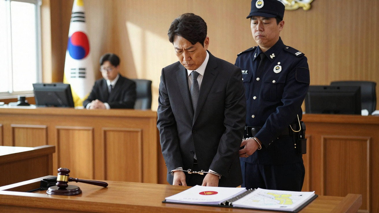 Homem de fato algemado com guarda prisional atrás em tribunal com juiz ao fundo e bandeira da Coreia do Sul.