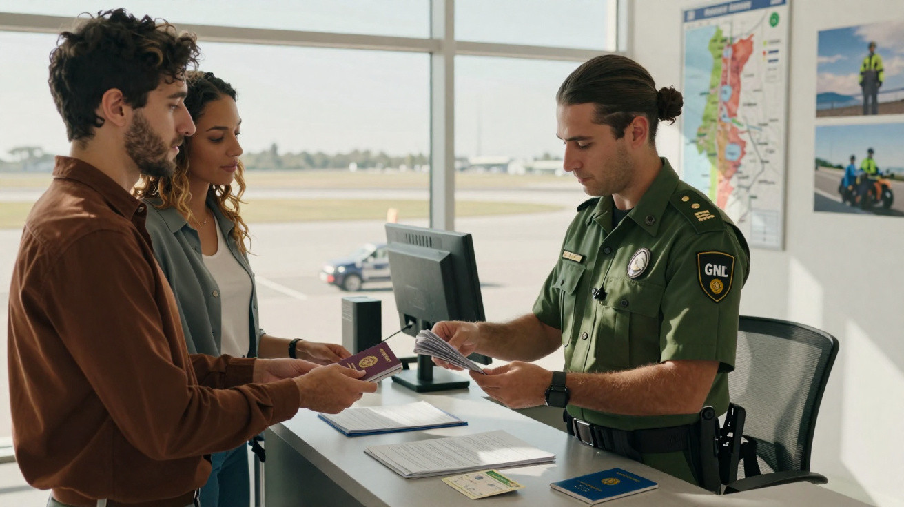 Casal entrega passaportes a funcionário da fronteira num balcão de controlo.