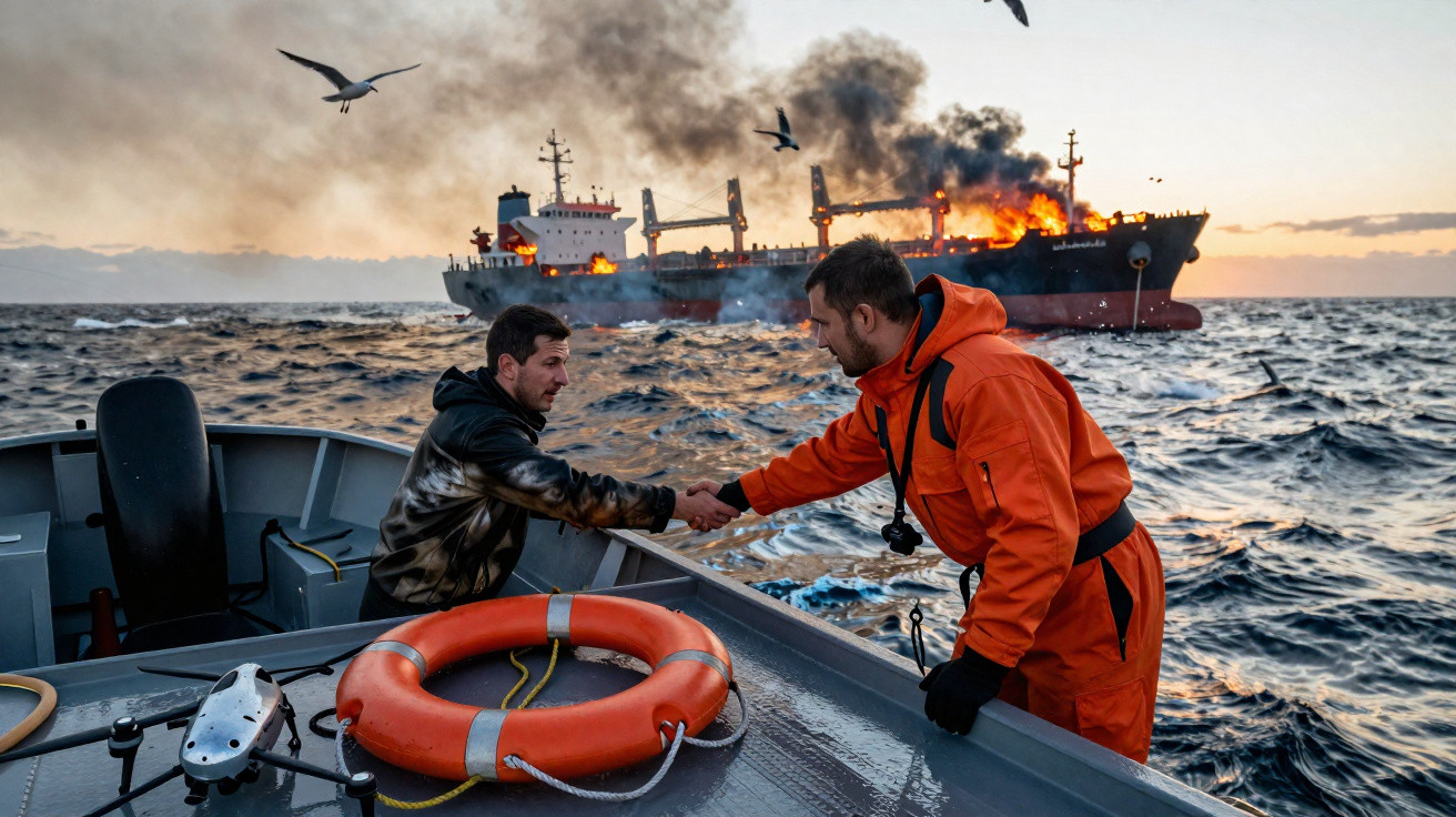 Dois homens apertam as mãos numa embarcação perto de navio em chamas no mar ao pôr do sol.