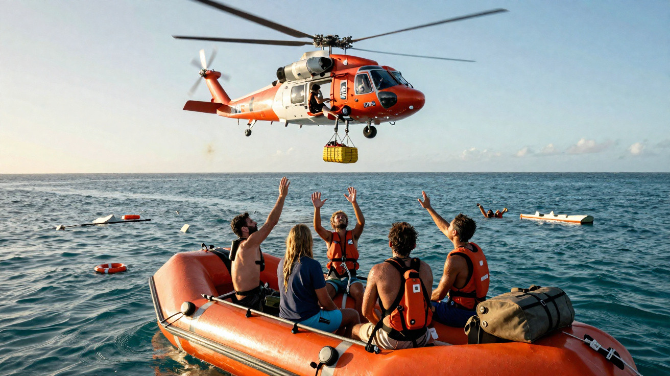 Helicóptero laranja resgata pessoas no mar enquanto grupo em bote insuflável observa e aponta para a aeronave.
