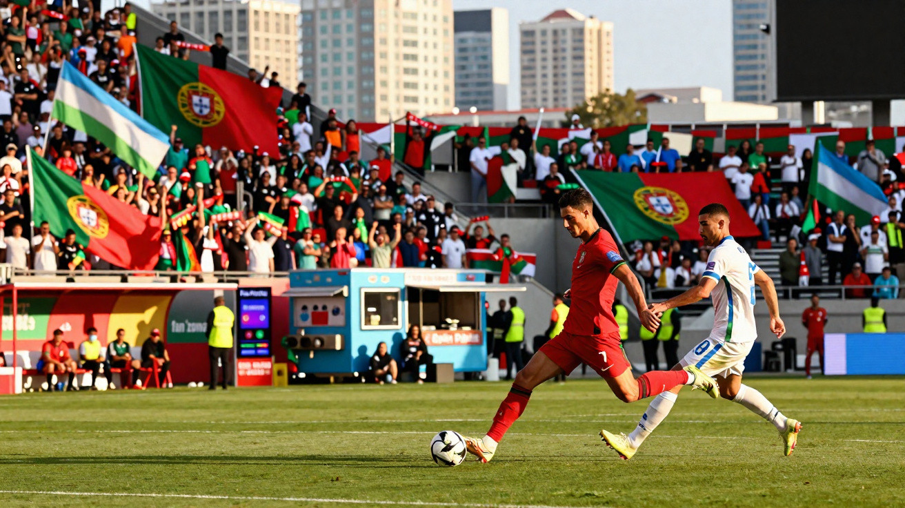 Jogo de futebol com jogador de Portugal em ação a chutar a bola, com público e bandeiras no estádio.