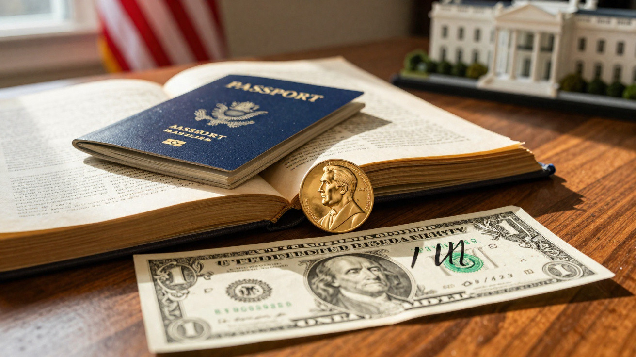 Passaporte dos EUA, livro aberto, moeda e nota de dólar sobre mesa de madeira com miniatura da Casa Branca.
