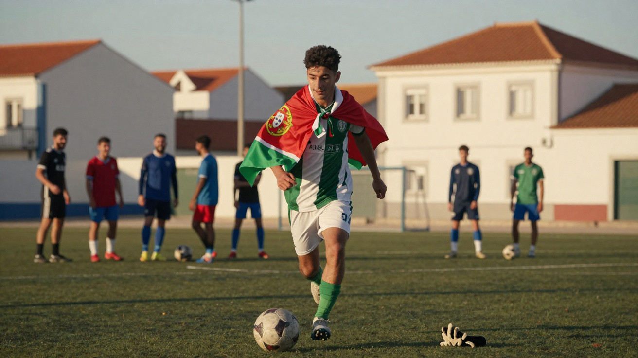 Jogador de futebol com bandeira de Portugal corre com bola num campo, com outros jogadores ao fundo.