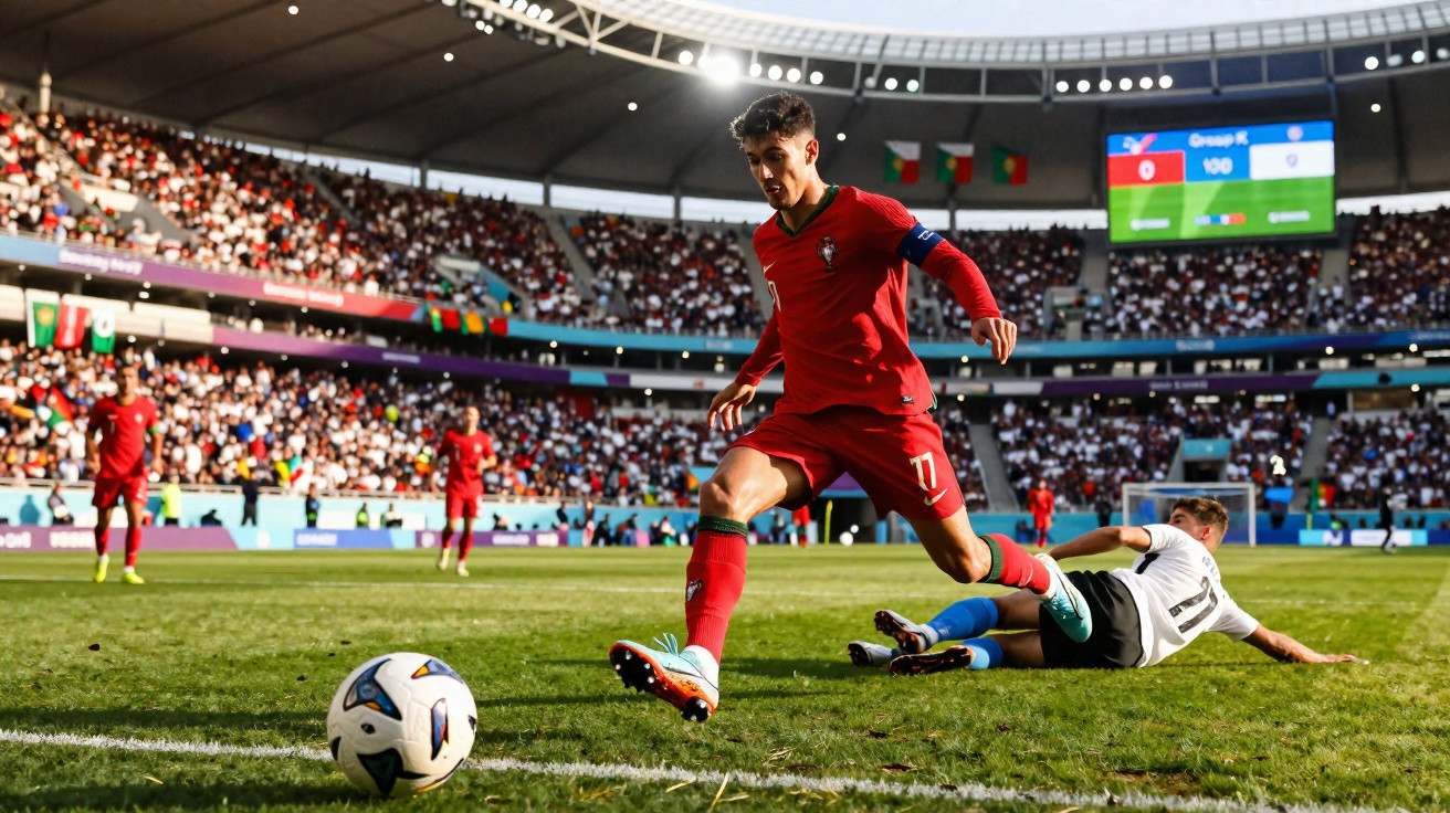 Jogador de futebol em ação perto da linha lateral com adversário caído no estádio cheio de público.
