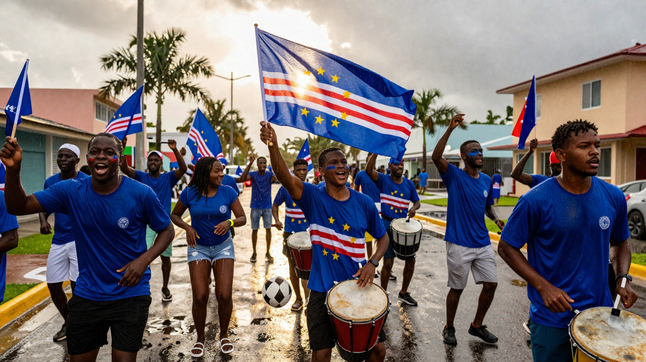 Grupo de jovens com camisolas azuis a tocar tambores e a acenar bandeiras de Cabo Verde numa rua molhada.