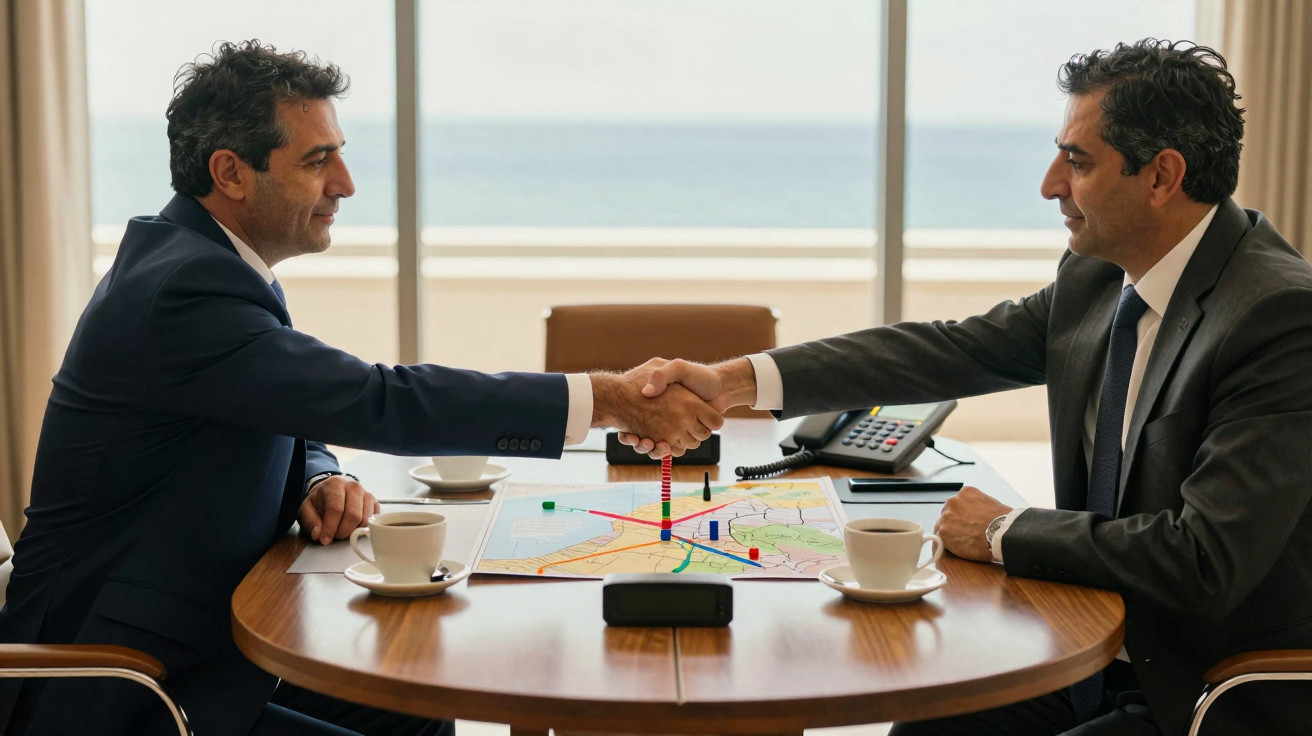 Dois homens de fato apertam as mãos à mesa com mapa e cafés, num ambiente de escritório com janela ampla.
