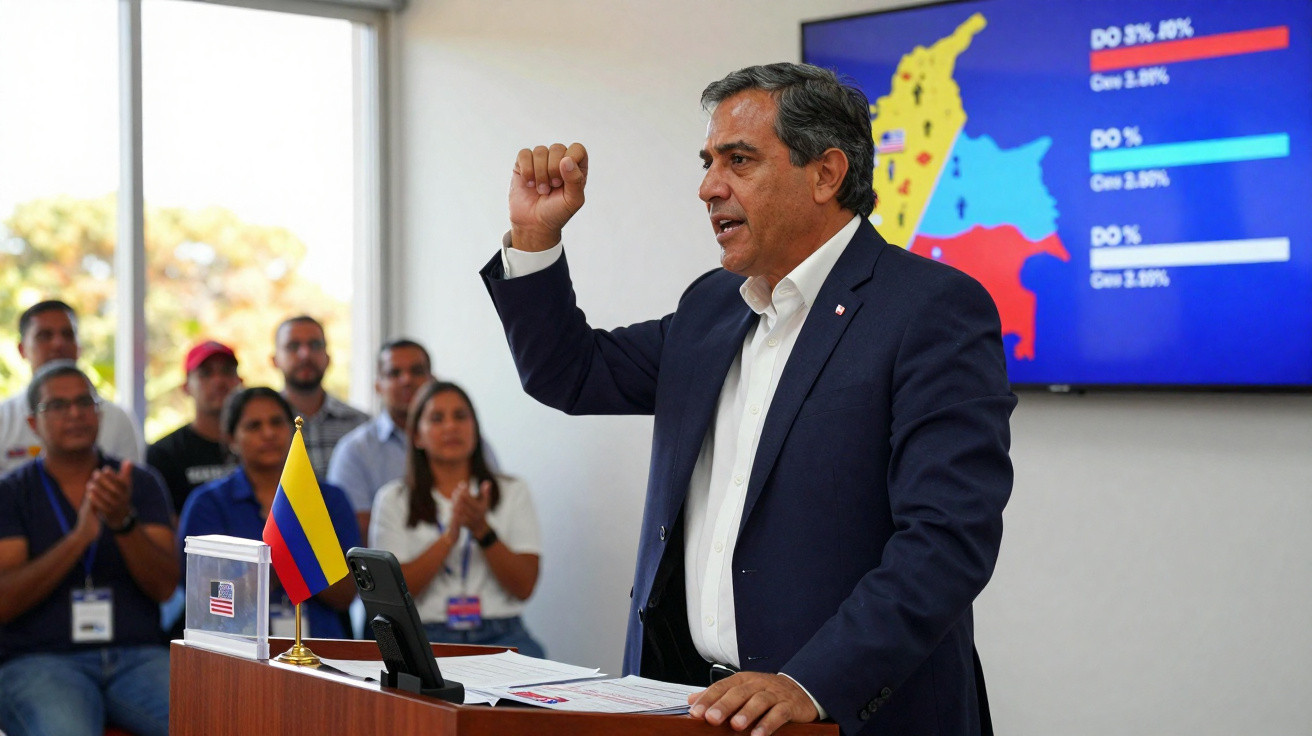 Homem a discursar em púlpito com bandeira da Colômbia, público aplaude e mapa colorido ao fundo.