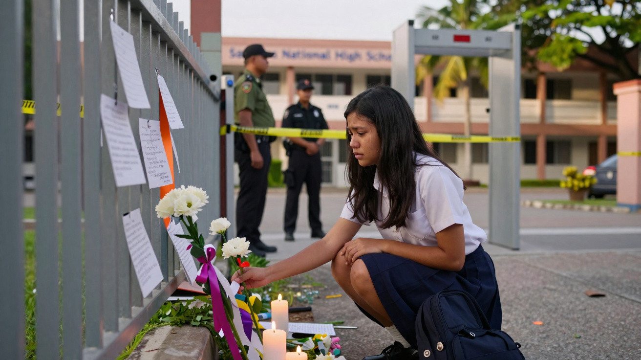 Jovem coloca flores num memorial com velas e cartas, enquanto polícia vigia entrada de escola ao fundo.