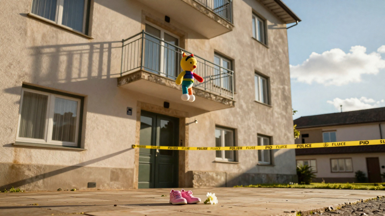 Brinquedo pendurado, ténis cor-de-rosa e fita policial em frente a prédio residencial.