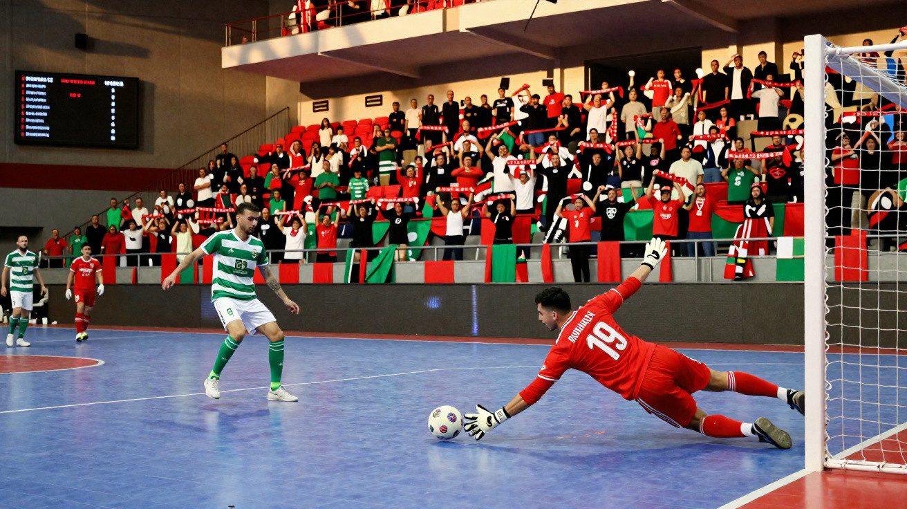 Jogo de futsal com guarda-redes a defender remate e público a assistir numa arena coberta.