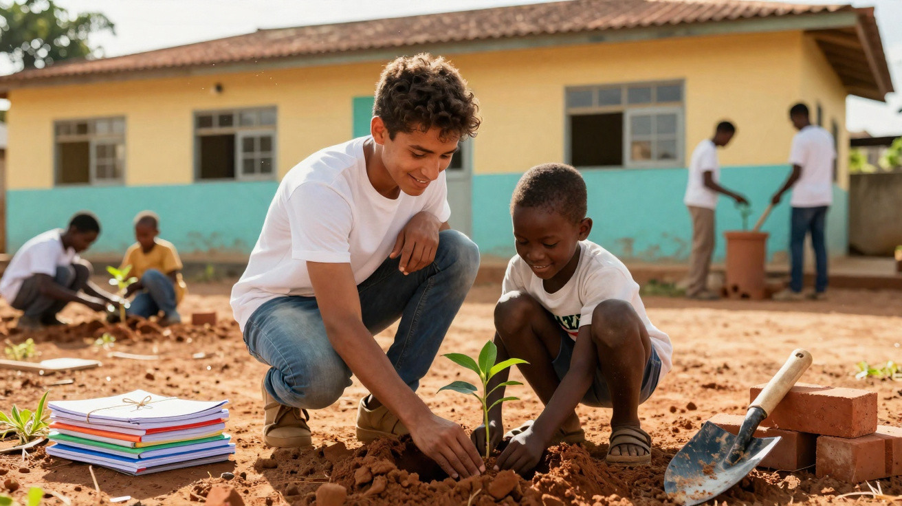 Jovem e criança plantam árvore no chão em escola, com cadernos e ferramentas à volta.