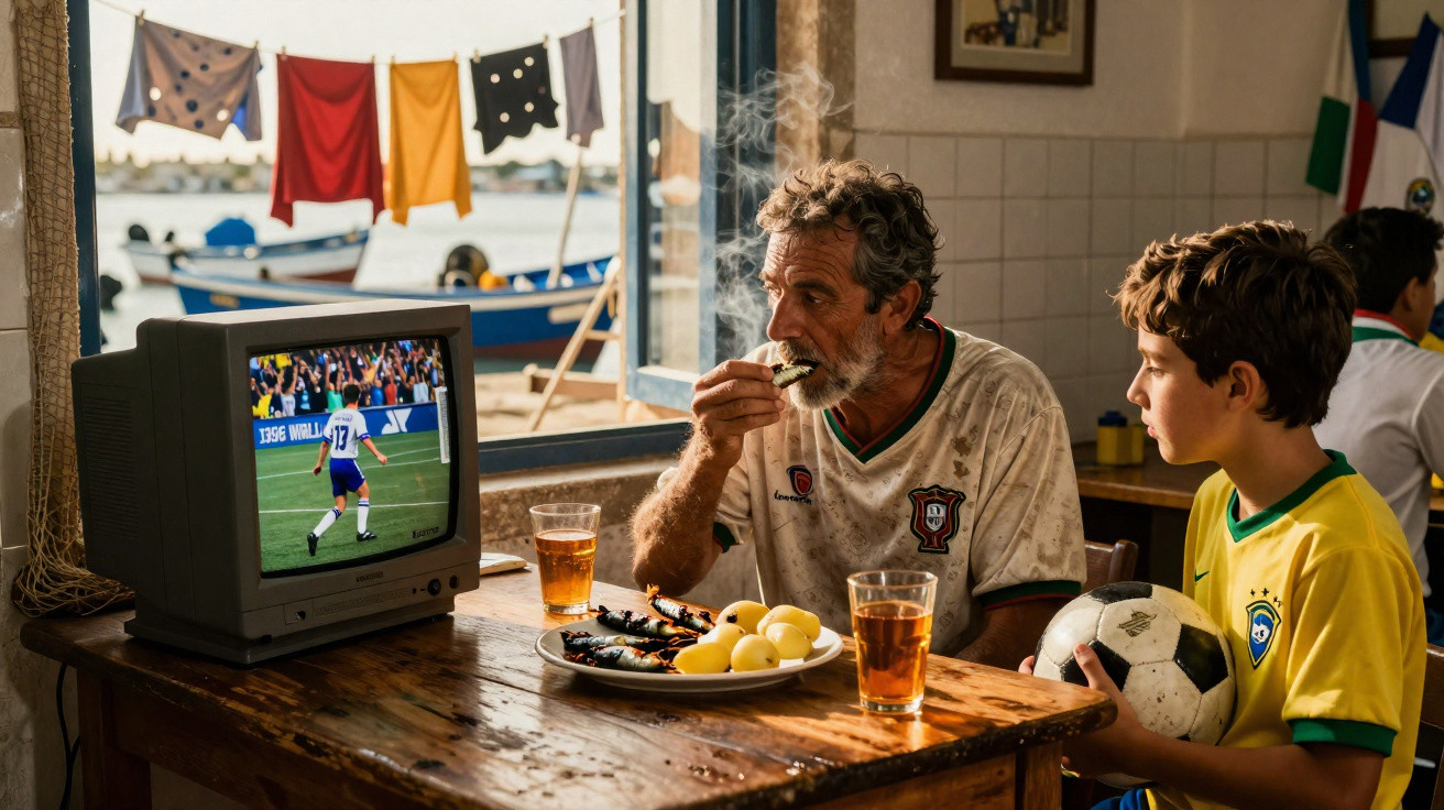 Homem a comer e rapaz com bola veem futebol numa TV antiga numa sala com janela e roupa estendida.