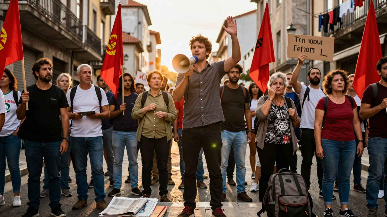Grupo de pessoas em manifestação na rua com bandeiras vermelhas, cartaz e um homem a falar num megafone.