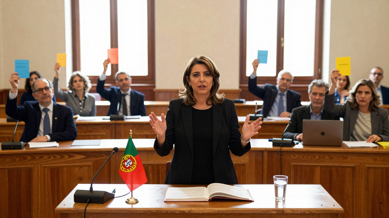 Mulher em tribunal diante de várias pessoas a votarem com cartões coloridos, com bandeira de Portugal na mesa.