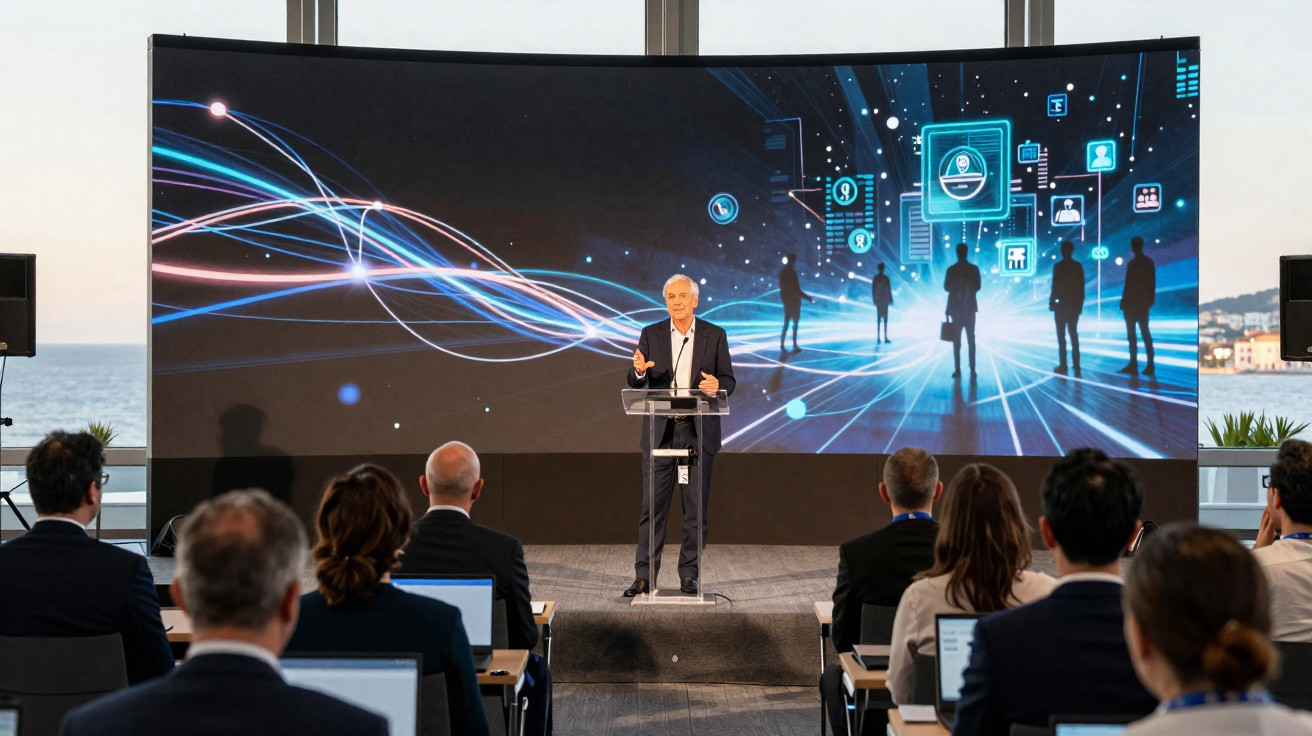 Homem a apresentar numa conferência tecnológica com ecrã digital futurista ao fundo e público atento.