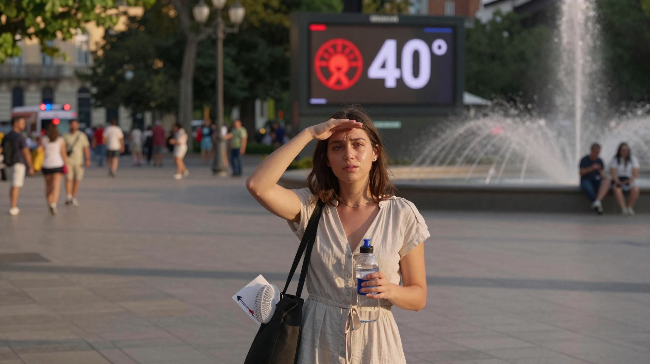 Mulher protege olhos do sol num dia quente de 40 graus, segurando água e ventilador portátil numa praça com fonte.