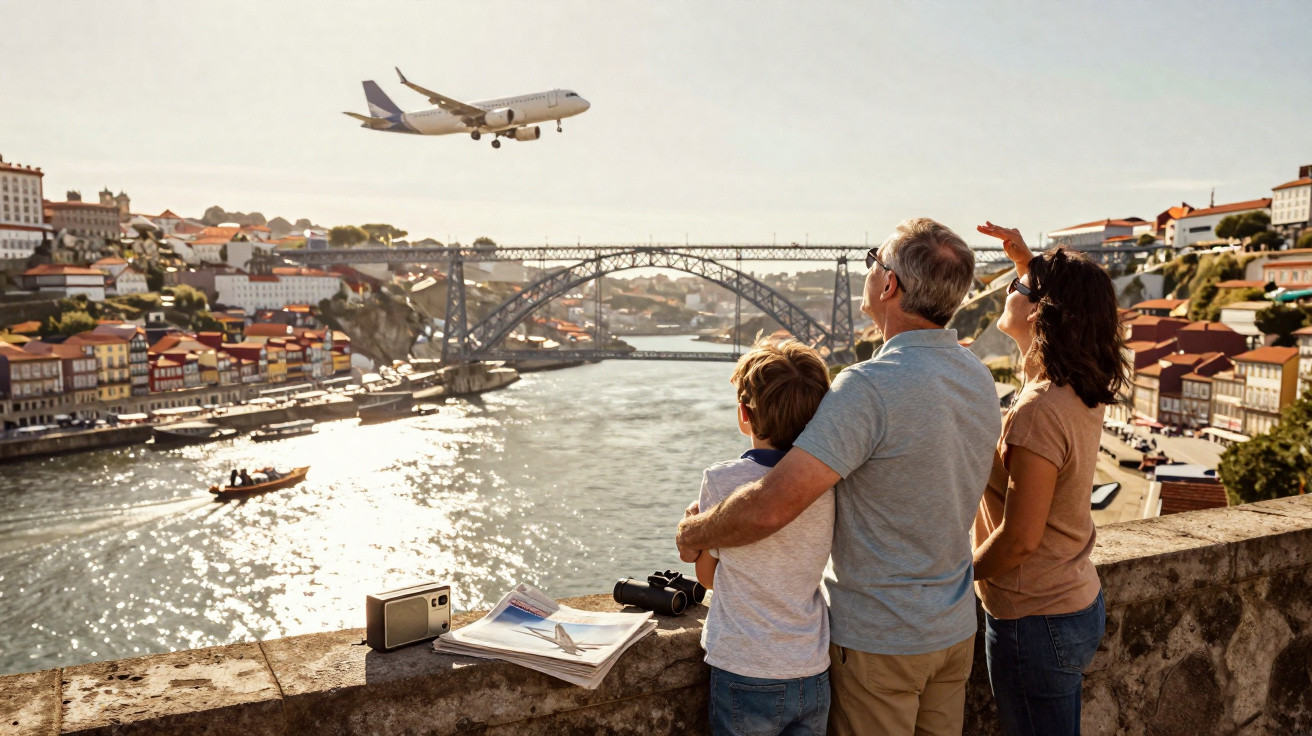 Família observa avião a sobrevoar o rio Douro com a ponte Dom Luís I ao fundo em Porto.