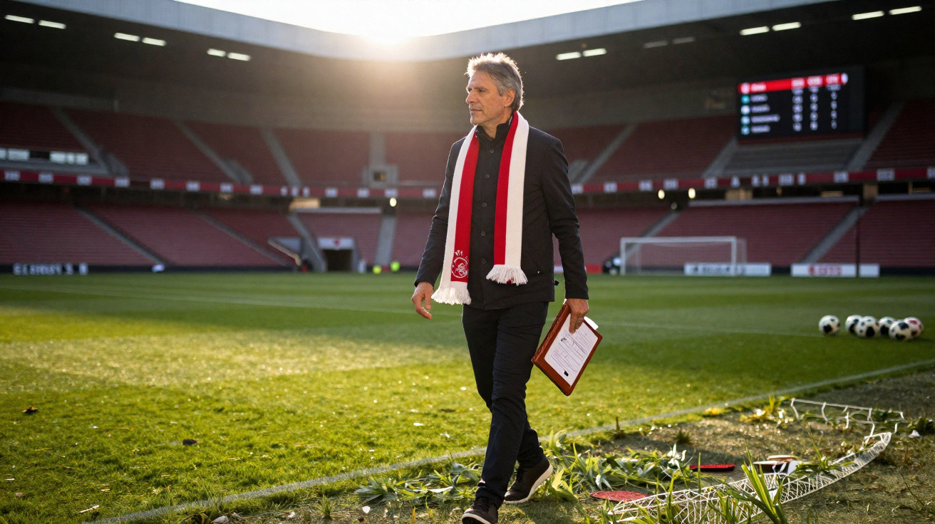 Homem com cachecol do Ajax caminha no relvado de um estádio de futebol vazio ao pôr do sol.